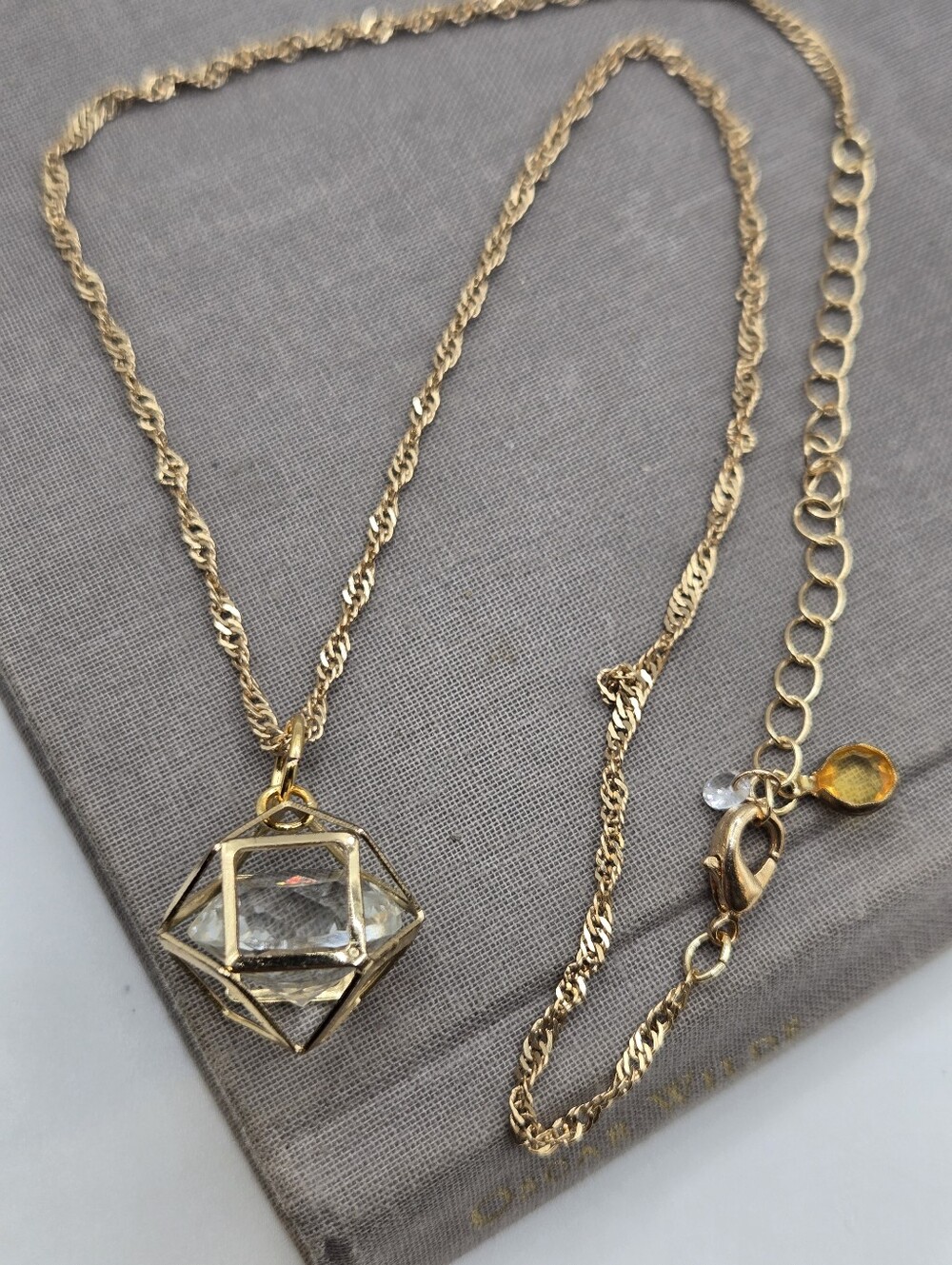 Gold CAGED FACETED CRYSTAL Diamond NECKLACE 19" Party Cocktail Sparkly